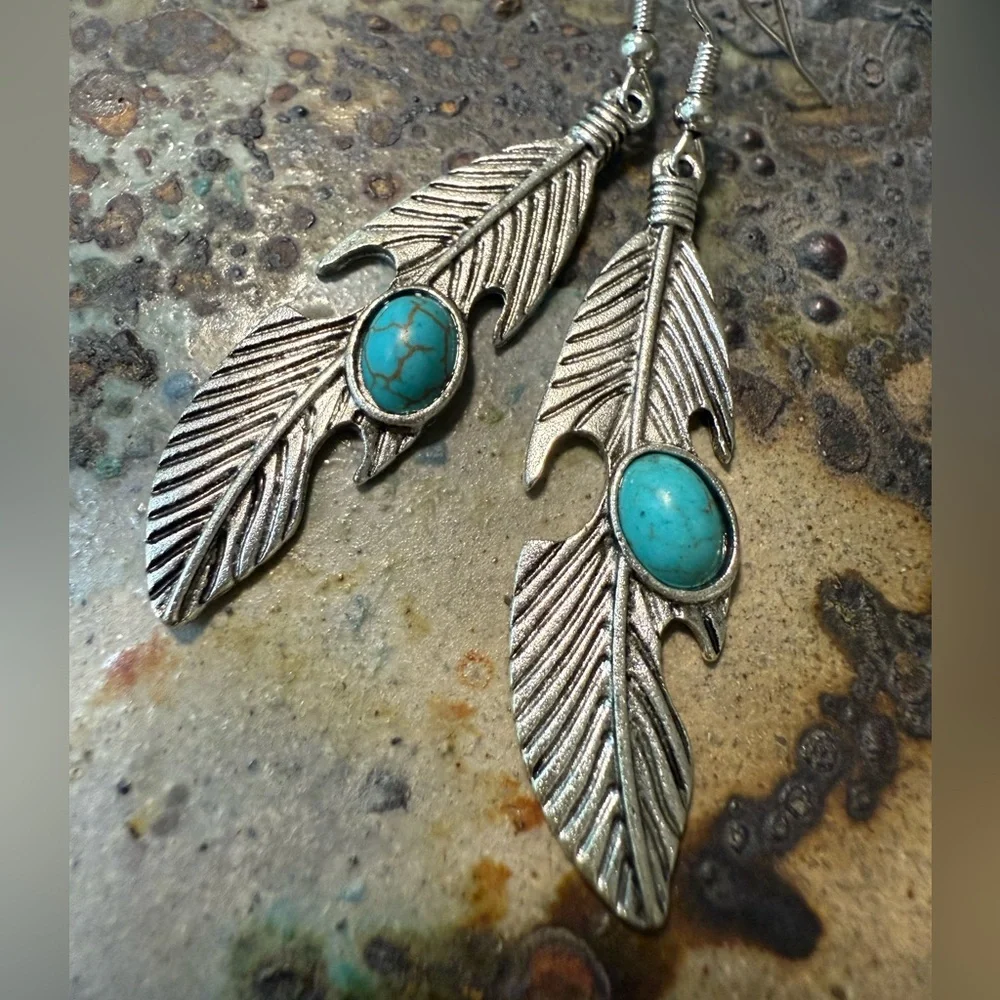 Silver Feather Earrings with Turquoise Accents